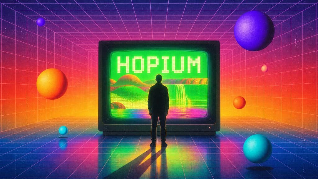 Figure facing a television displaying HOPIUM in a retro grid room