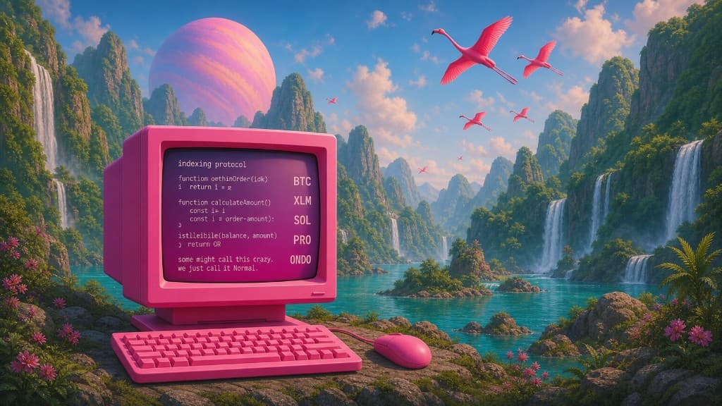 Pink computer in a tropical landscape with waterfalls and flamingos