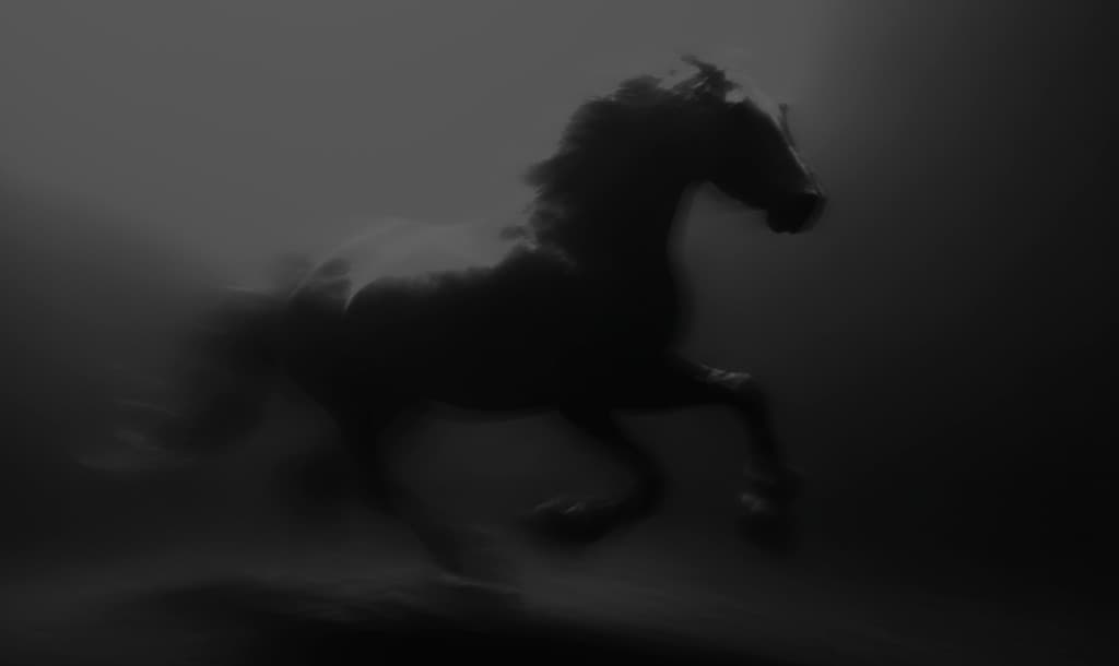 Black and white motion-blur photograph of a horse