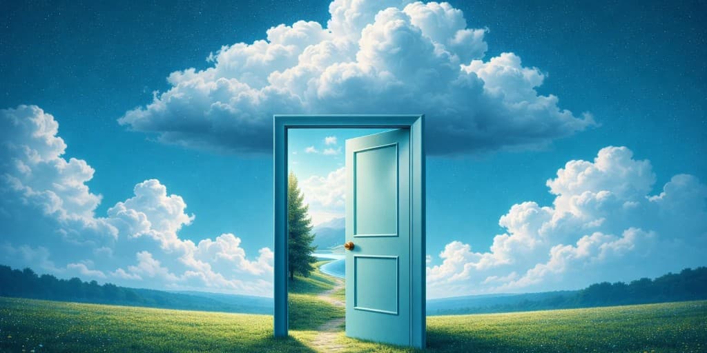 Open door in a green field beneath a blue sky